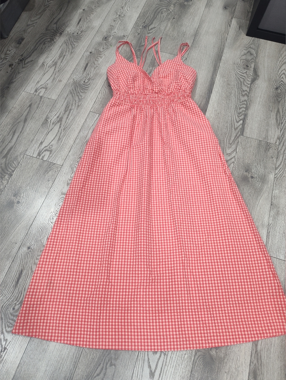 Red Gingham Maxi Dress with Smocked Waist and Adjustable Straps